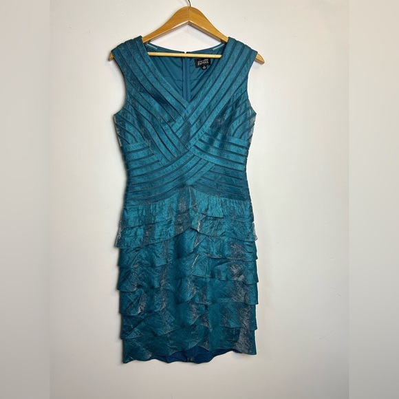 VTG Y2K Adrianna Papell Sz 8 Teal Mother of the Bride Leyered Knee Dress Timeles - Picture 1 of 14